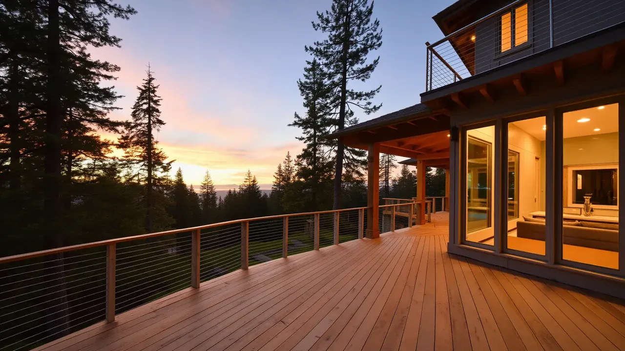 Modern Pacific Northwest residential deck with cable railings overlooking evergreen forest at golden hour