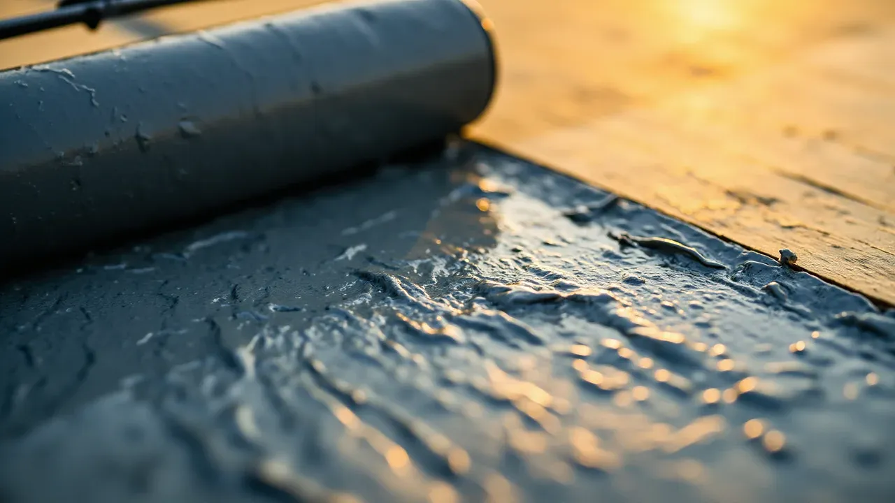 Close-up of multi-layer waterproofing membrane system on a residential deck